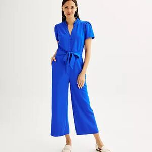 Nine West | Women's Button Front Short Sleeve Jumpsuit Royal Blue | XL